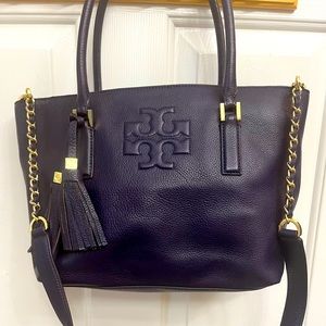 Tory Burch Like New!Color blue ink,pebble leather tote 2 way shoulder bag.